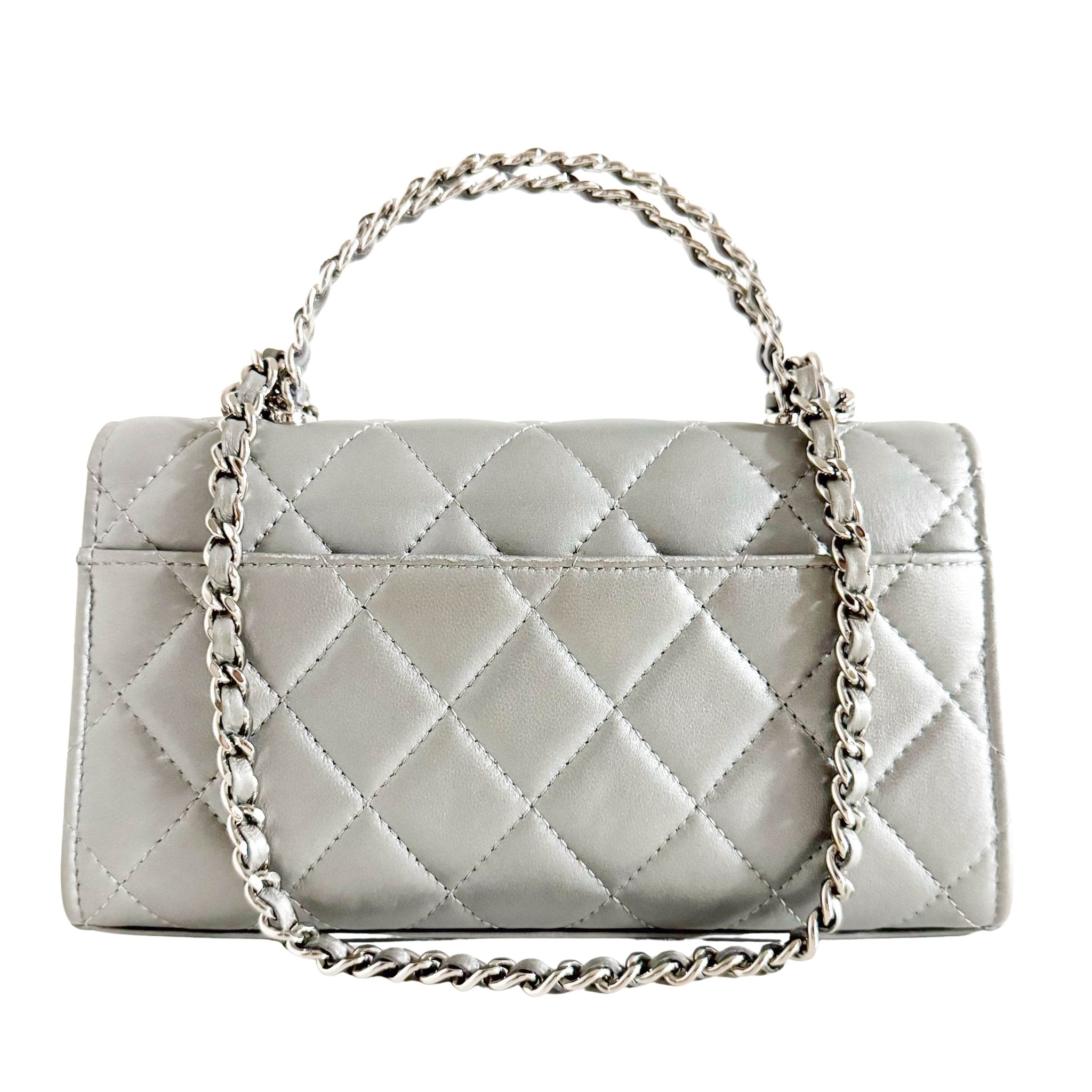 CHANEL Timeless Classic Top Handle Flap Silver Lambskin Mini Chain Wallet Shoulder Bag in  Sold by HIVE PRELOVED