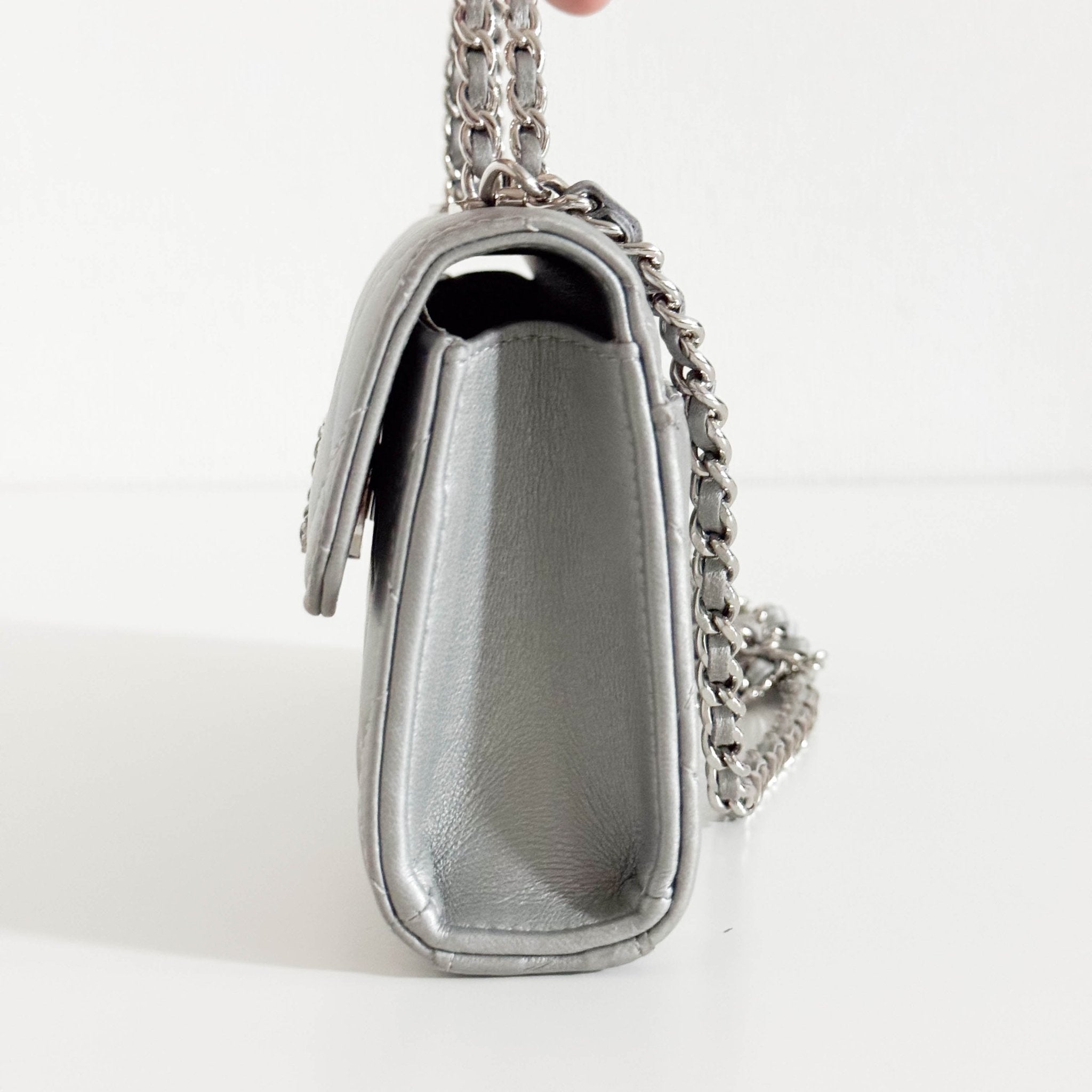 CHANEL Timeless Classic Top Handle Flap Silver Lambskin Mini Chain Wallet Shoulder Bag in  Sold by HIVE PRELOVED