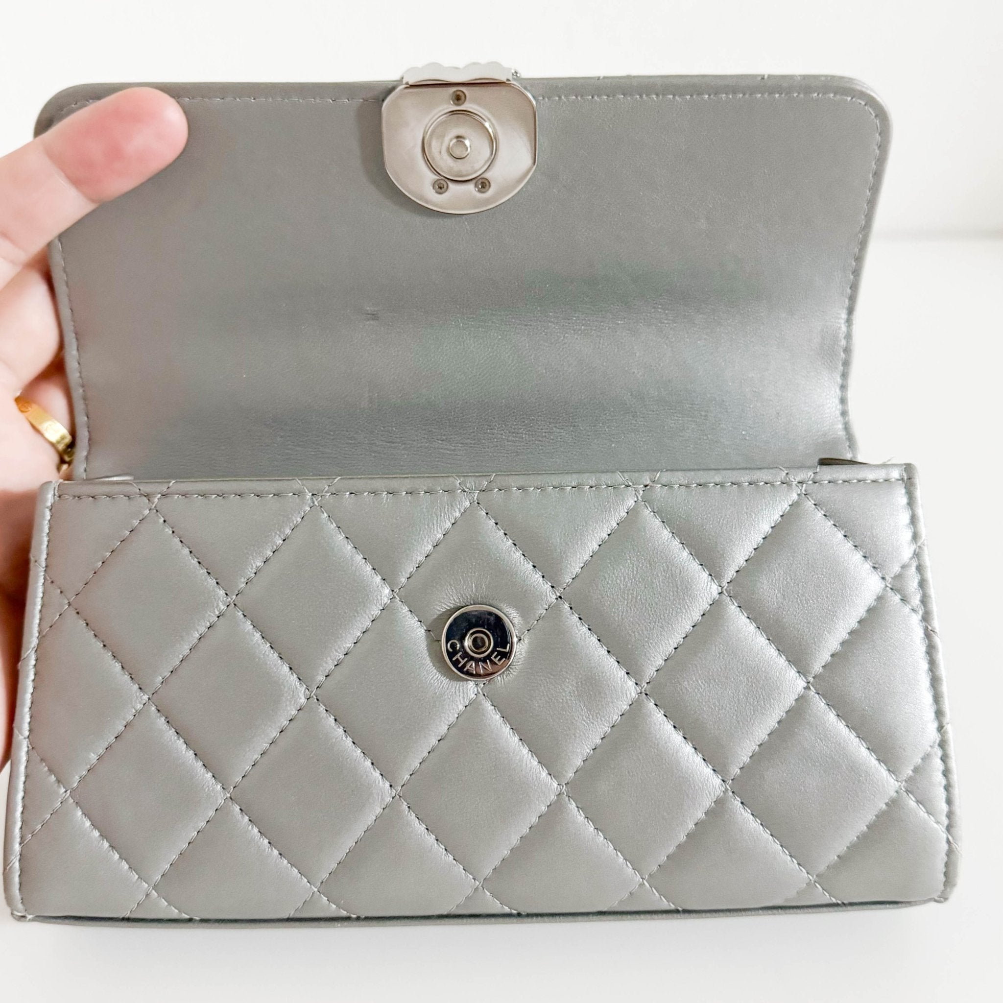 CHANEL Timeless Classic Top Handle Flap Silver Lambskin Mini Chain Wallet Shoulder Bag in  Sold by HIVE PRELOVED