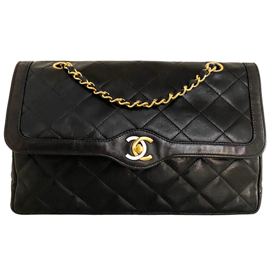 CHANEL Vintage Classic Double Flap Bag Paris Limited Edition CC Turnlock Lambskin, Lambskin Leather in Black - HIVE PRELOVED
