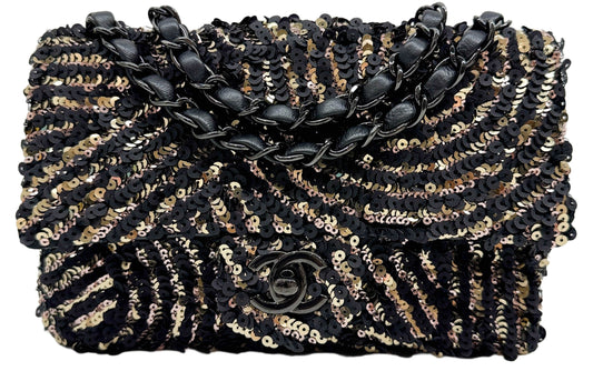 2019 Classic Flap Black and Gold Sequin Chain Shoulder Bag