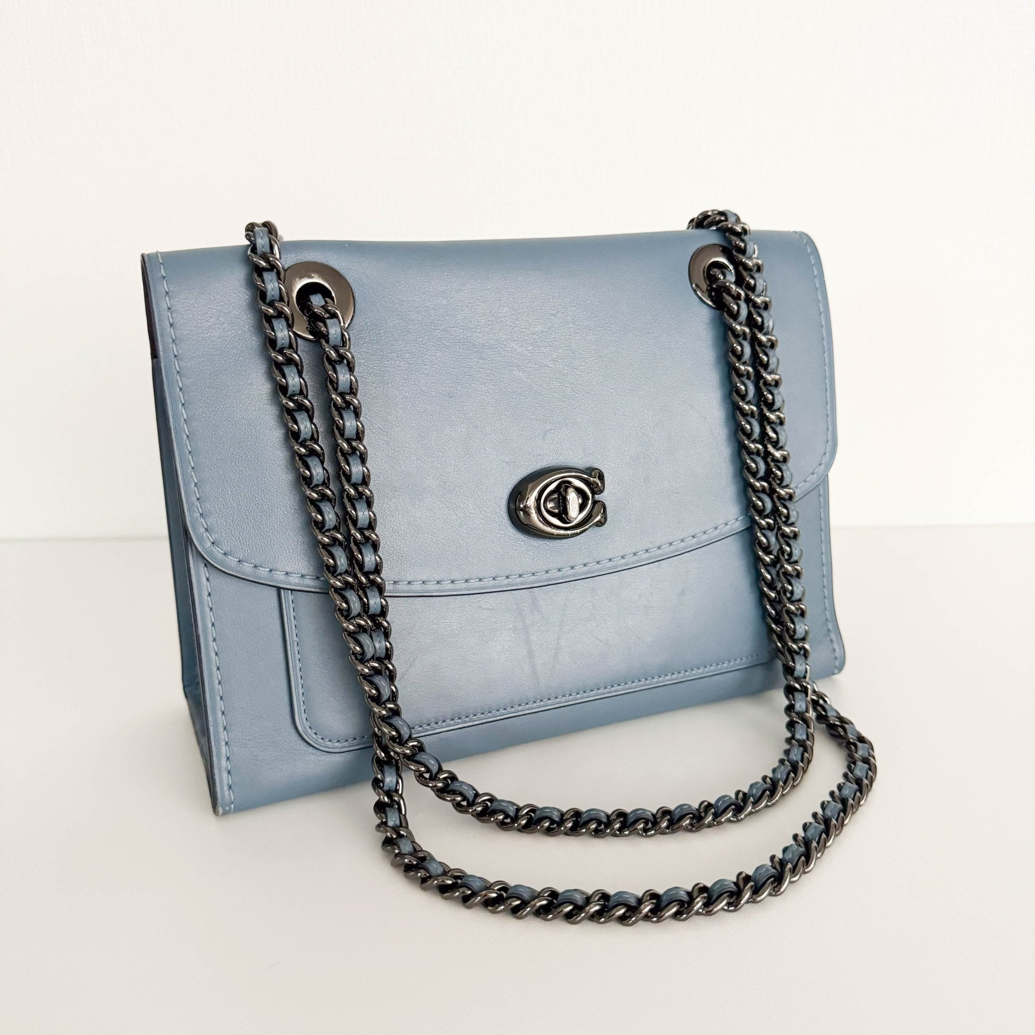 COACH Leather Parker 18 Turnlock Blue Chain Shoulder Bag HIVE PRELOVED