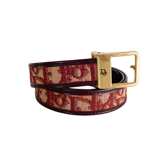 DIOR Belt Monogram Oblique Burgundy Canvas Leather Gold Buckle Trotter Vintage Waist Belt, in , Sold by HIVE PRELOVED - Belts