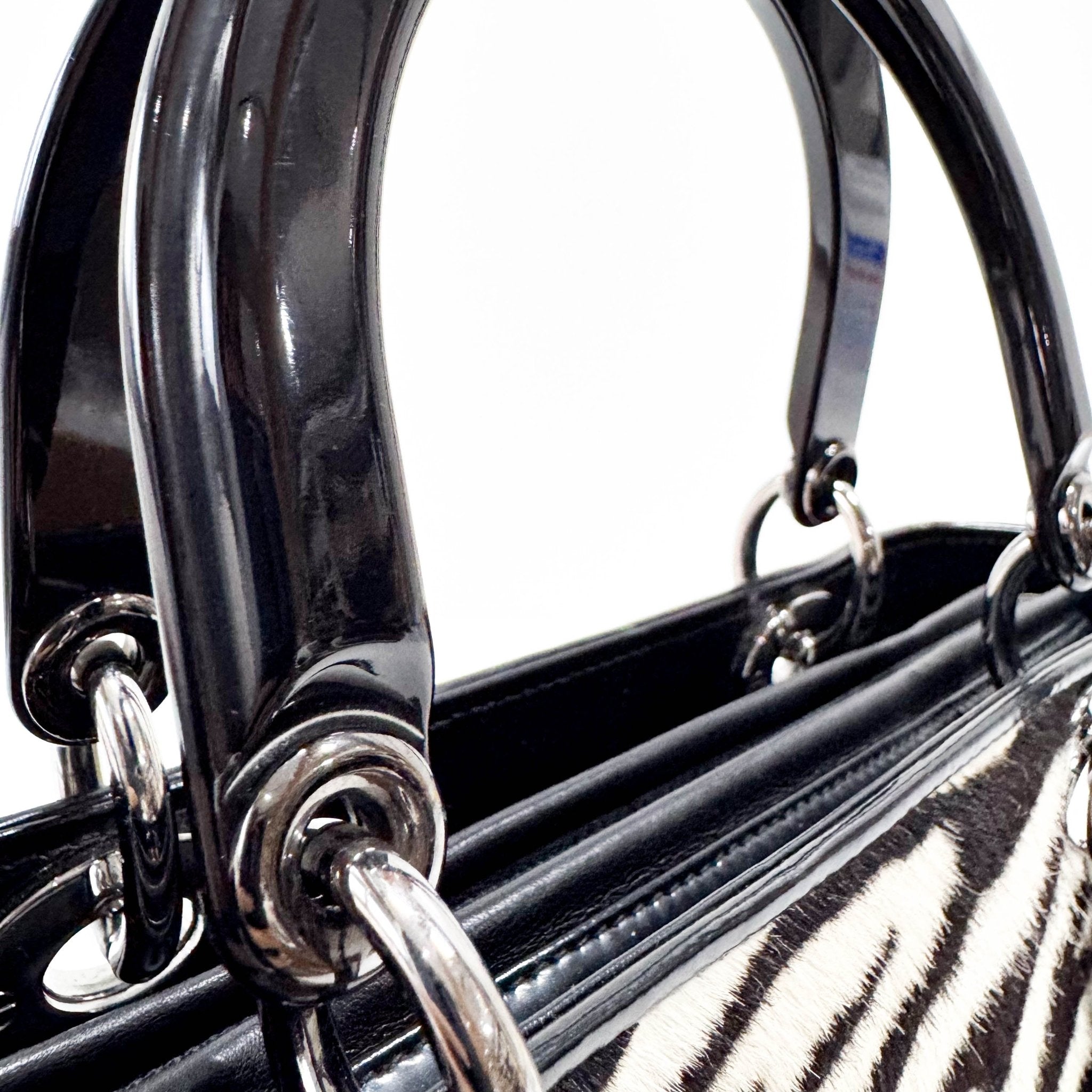DIOR Black Patent Leather and Zebra Pony Hair Lady Dior Handbag, in , Sold by HIVE PRELOVED - Handle Bags, ,