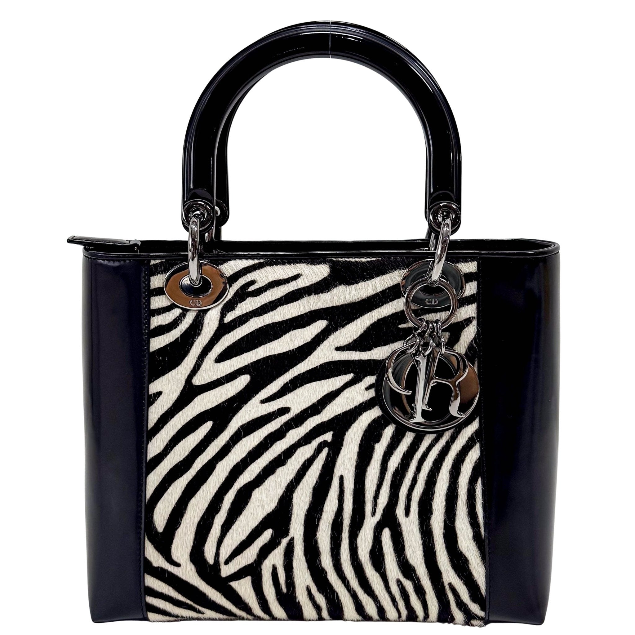 DIOR Black Patent Leather and Zebra Pony Hair Lady Dior Handbag, in , Sold by HIVE PRELOVED - Handle Bags, ,