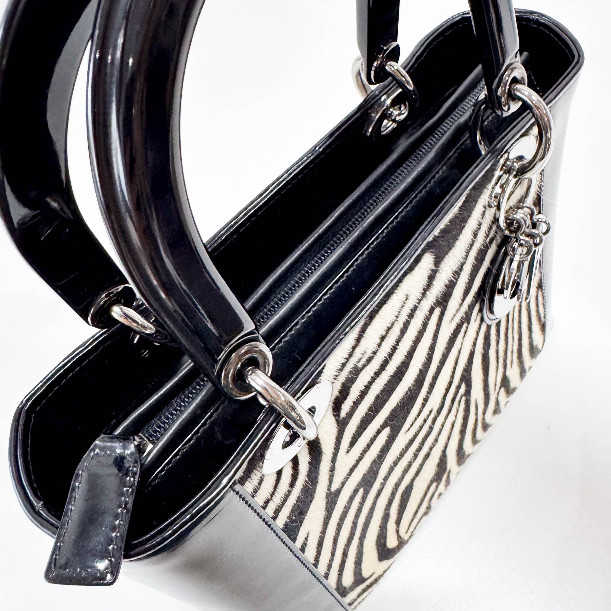 DIOR Black Patent Leather and Zebra Pony Hair Lady Dior Handbag, in , Sold by HIVE PRELOVED - Handle Bags, ,
