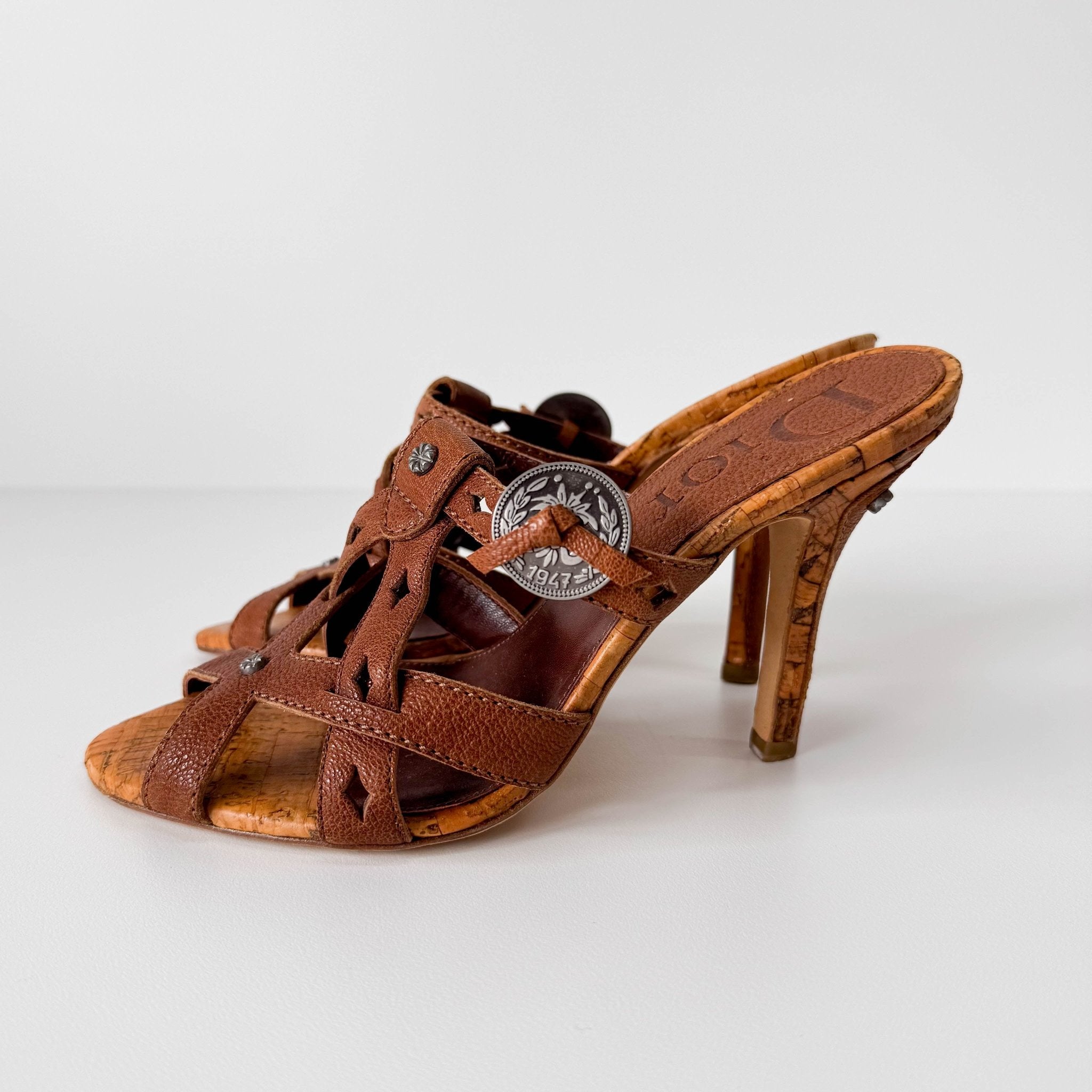 DIOR Brown Logo Coin Strap Heels 36 1/2, in , Sold by HIVE PRELOVED - Sandals, ,
