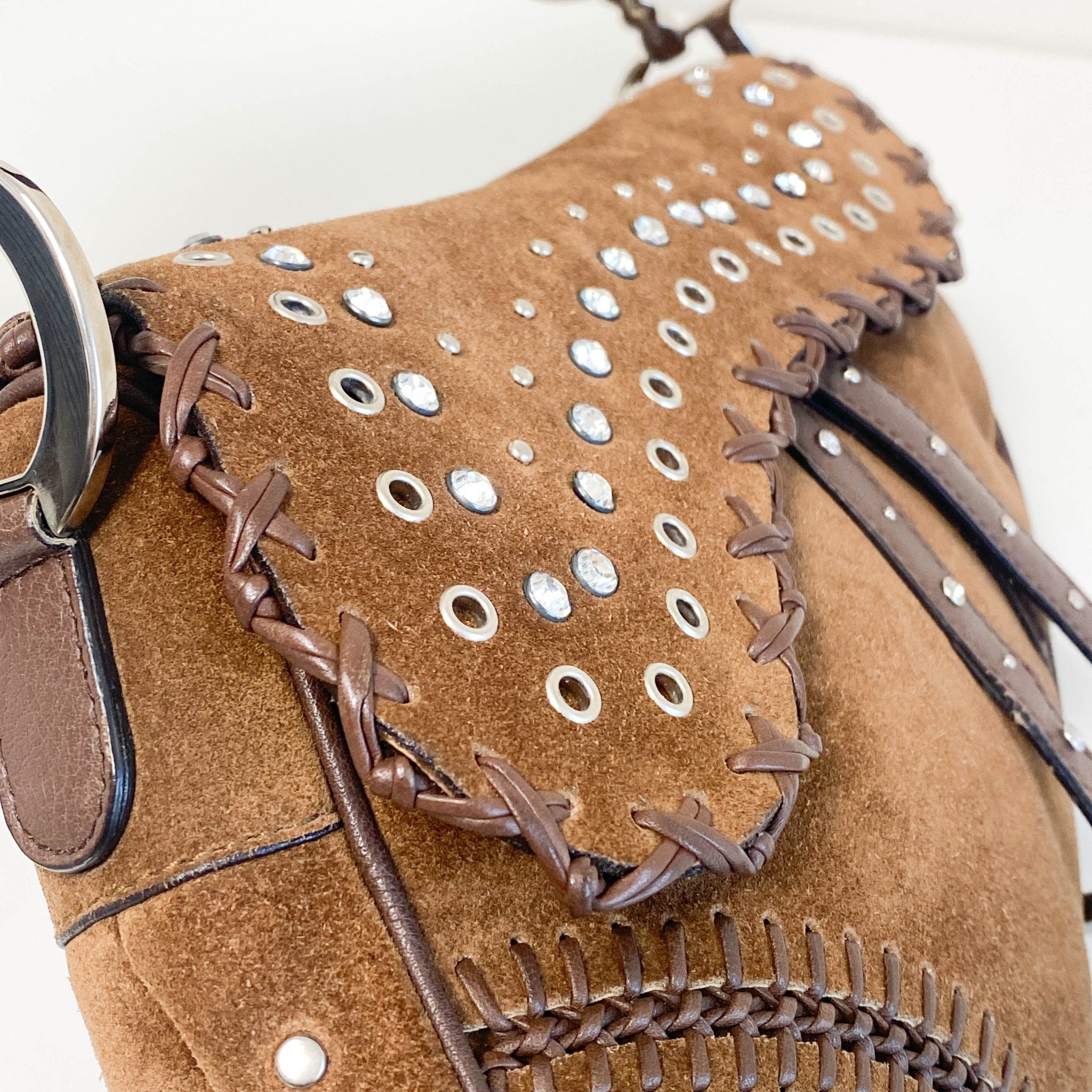 DIOR Brown Suede Studded Rhinestone Saddle Bag, in , Sold by HIVE PRELOVED - Shoulder Bags, ,