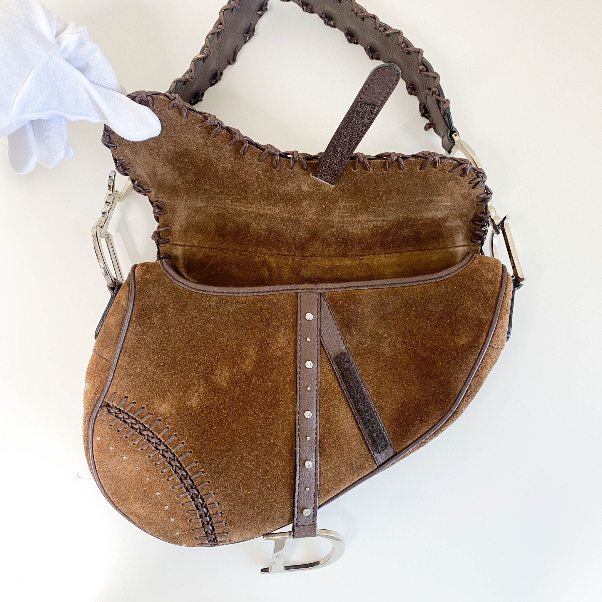 DIOR Brown Suede Studded Rhinestone Saddle Bag, in , Sold by HIVE PRELOVED - Shoulder Bags, ,