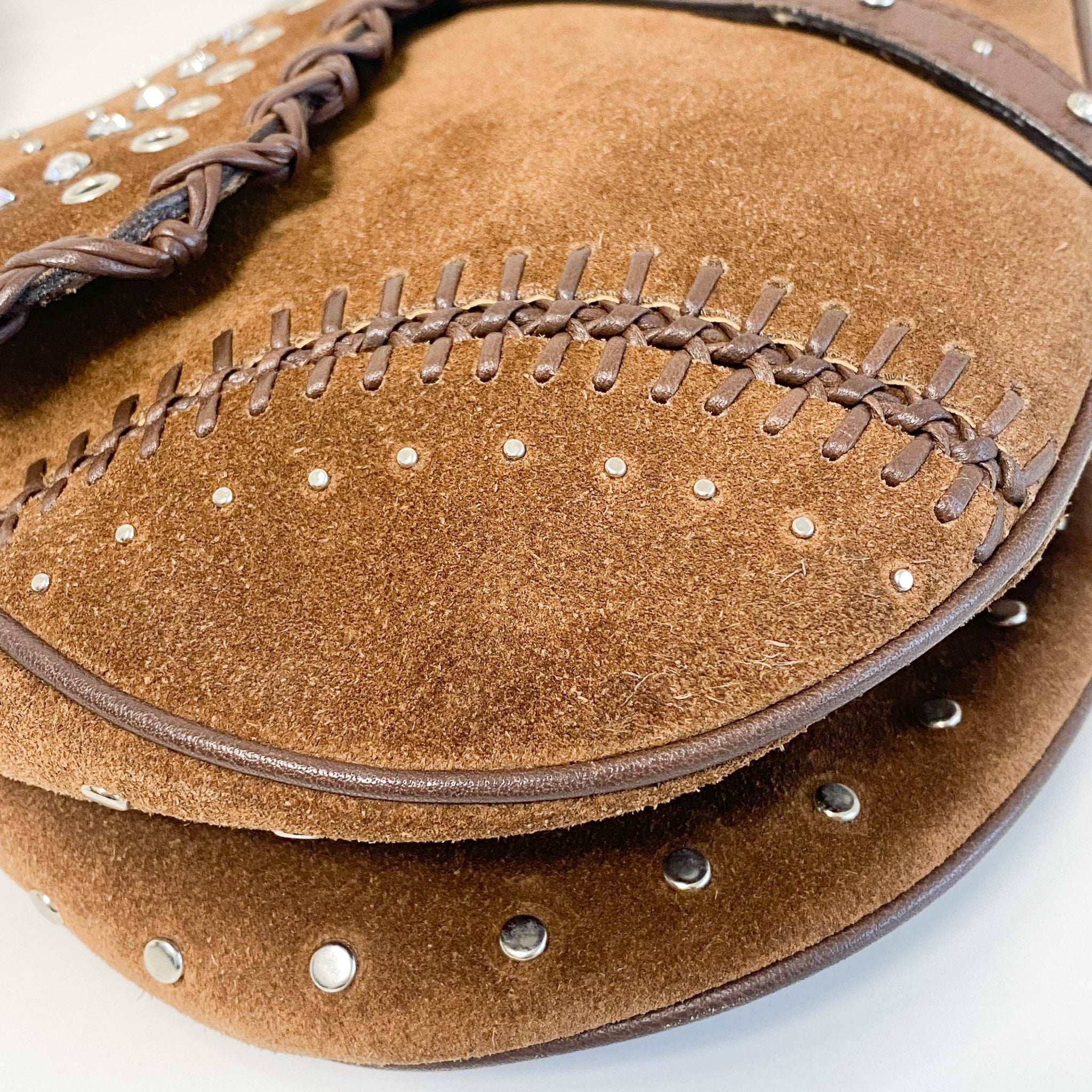 DIOR Brown Suede Studded Rhinestone Saddle Bag, in , Sold by HIVE PRELOVED - Shoulder Bags, ,