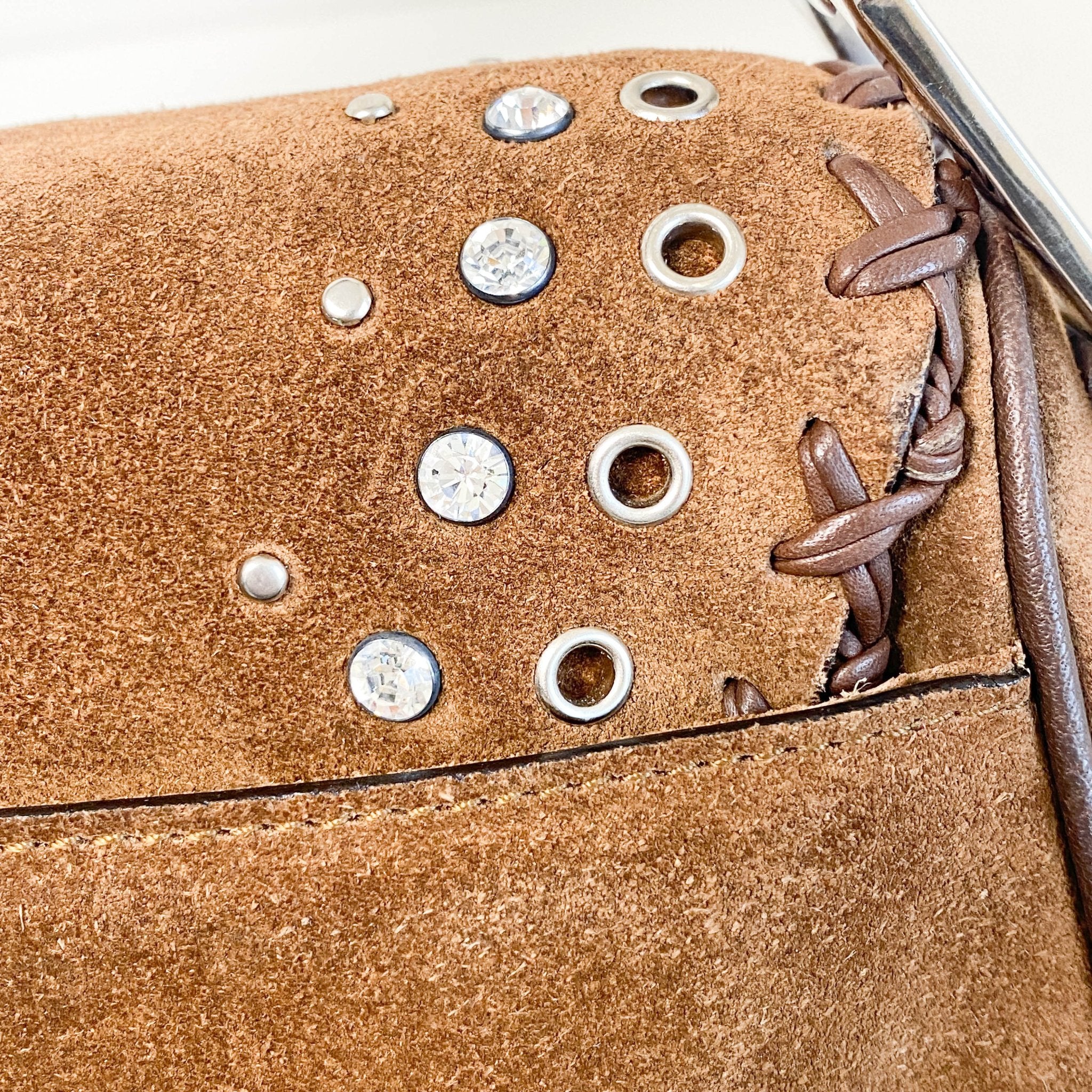 DIOR Brown Suede Studded Rhinestone Saddle Bag, in , Sold by HIVE PRELOVED - Shoulder Bags, ,