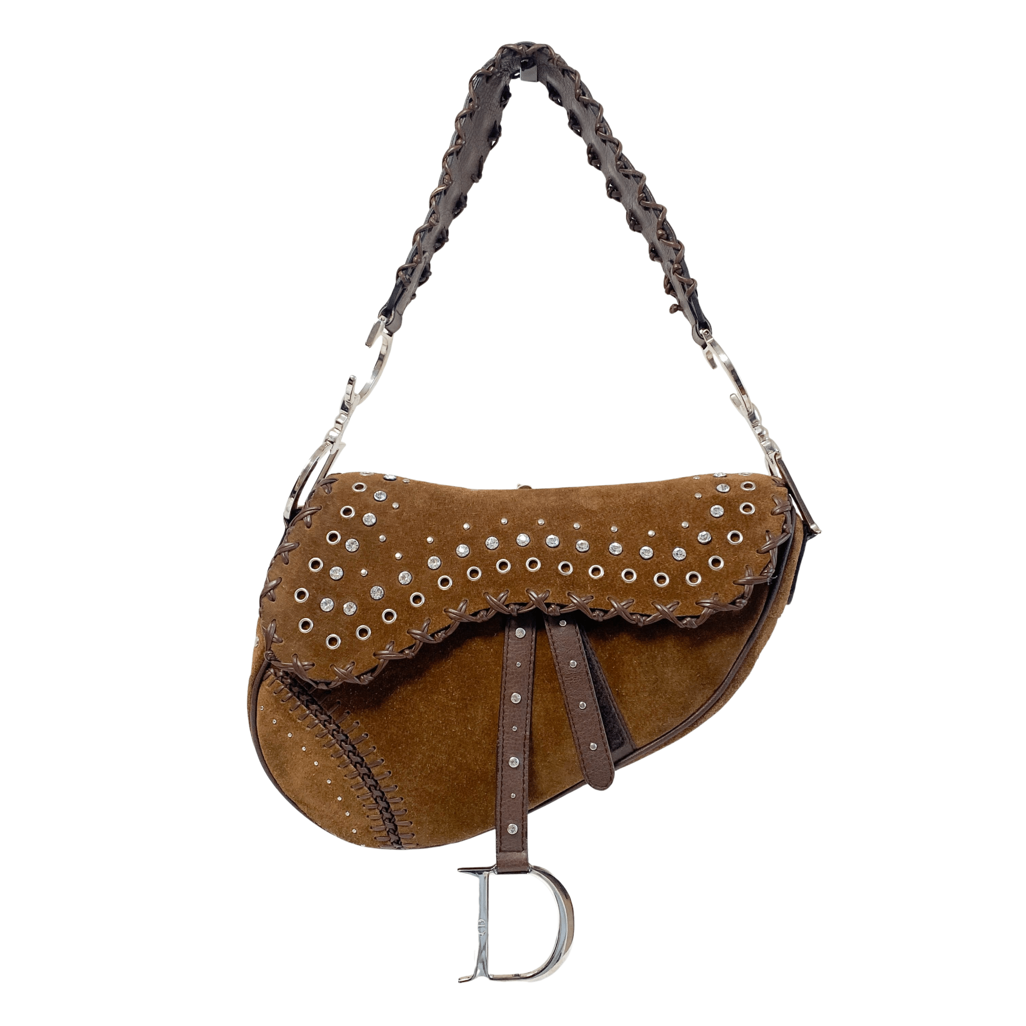 DIOR Brown Suede Studded Rhinestone Saddle Bag, in , Sold by HIVE PRELOVED - Shoulder Bags, ,