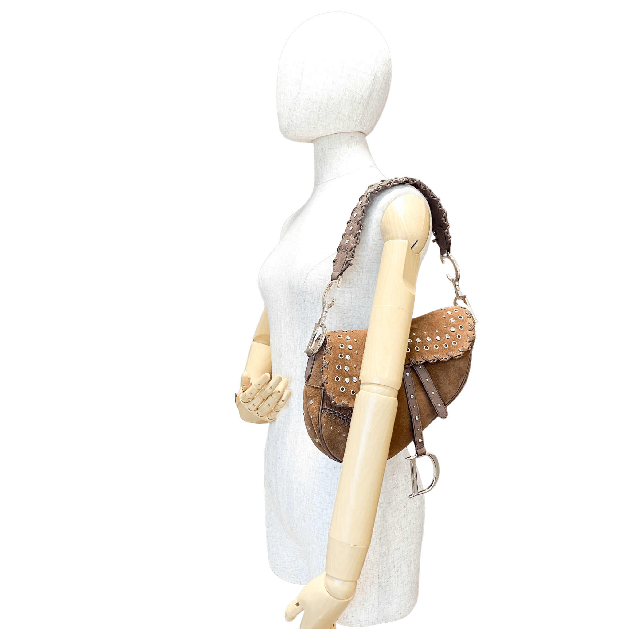 DIOR Brown Suede Studded Rhinestone Saddle Bag, in , Sold by HIVE PRELOVED - Shoulder Bags, ,