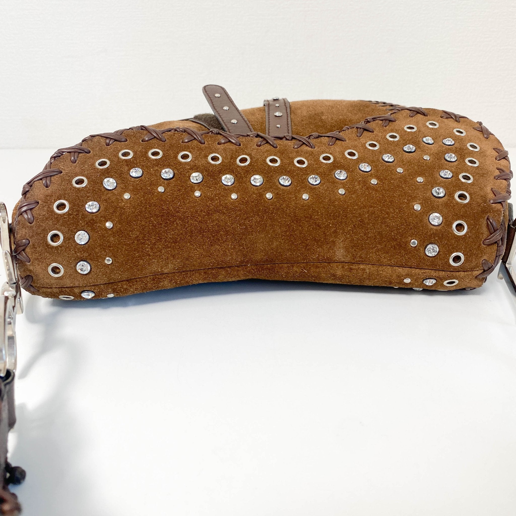 DIOR Brown Suede Studded Rhinestone Saddle Bag, in , Sold by HIVE PRELOVED - Shoulder Bags, ,