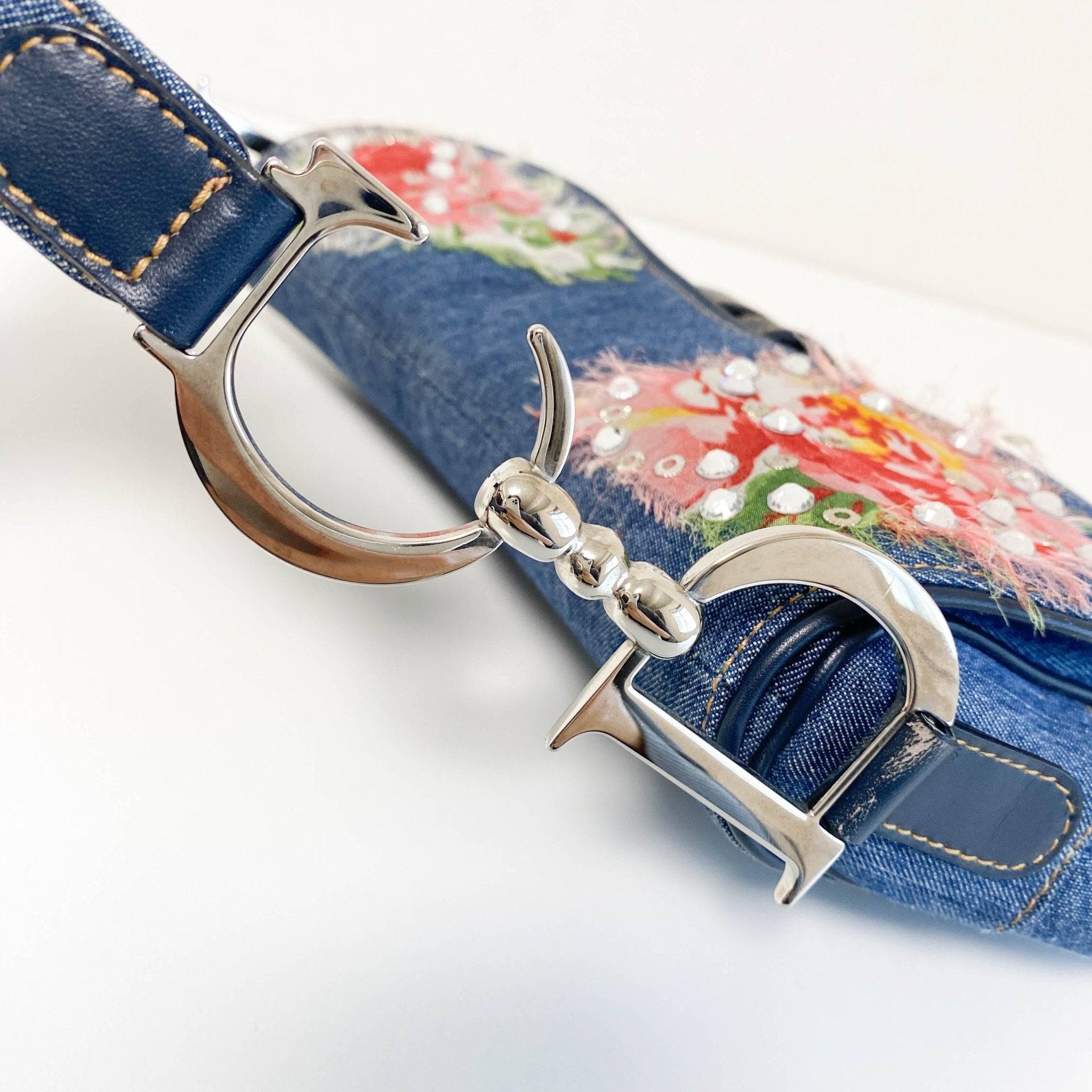 DIOR Denim Crystal Floral Embroidered Saddle Bag, in , Sold by HIVE PRELOVED - Shoulder Bags, ,