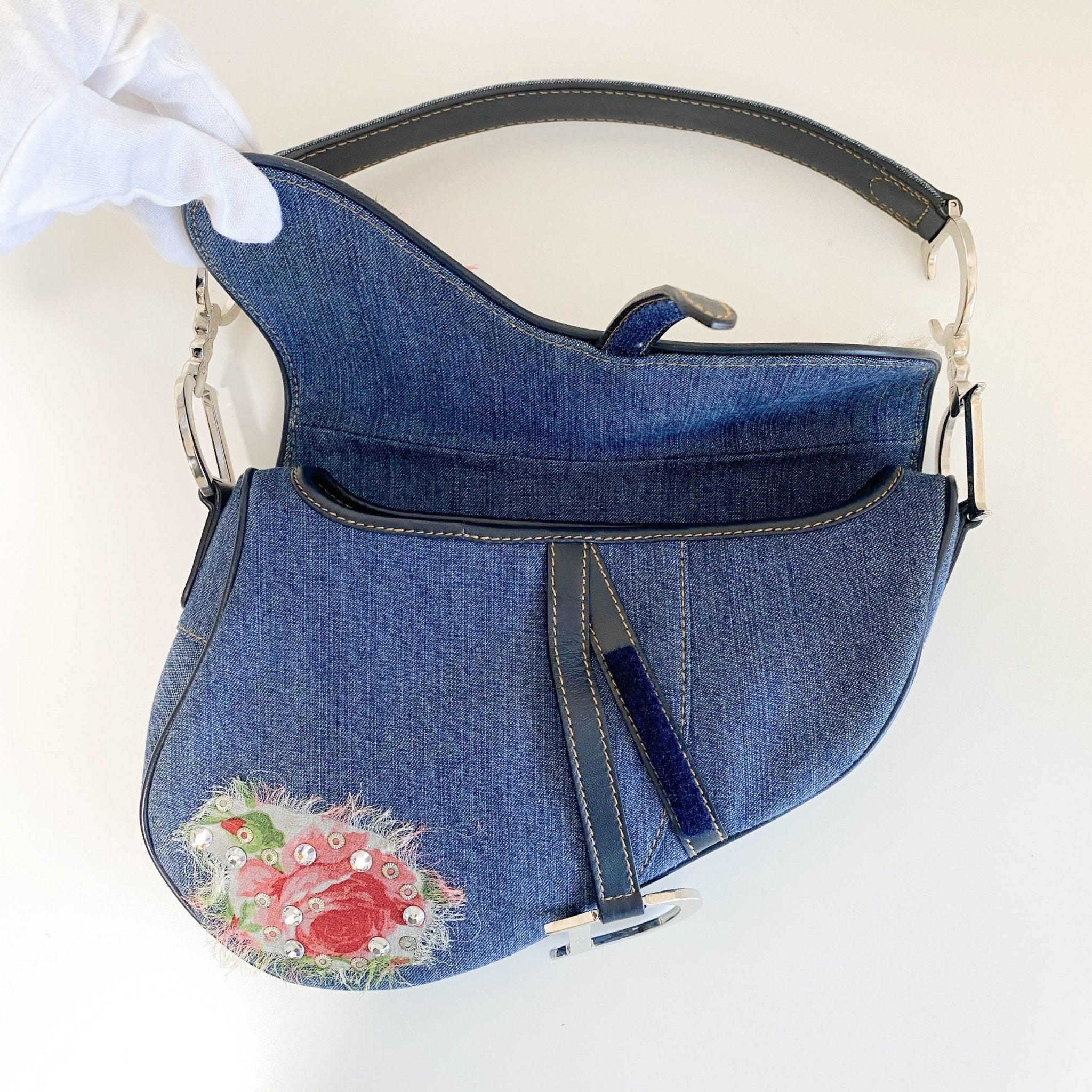 DIOR Denim Crystal Floral Embroidered Saddle Bag, in , Sold by HIVE PRELOVED - Shoulder Bags, ,