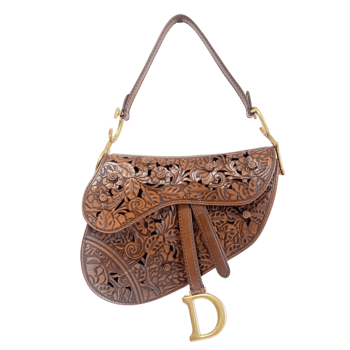 DIOR Laser Cut Floral Leather Saddle Bag Brown Shoulder Bag – HIVE