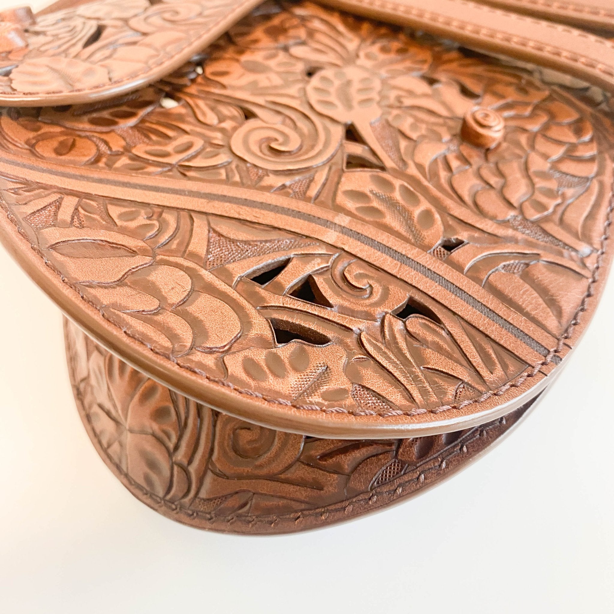 DIOR Laser Cut Floral Leather Saddle Bag Brown Shoulder Bag, in , Sold by HIVE PRELOVED - Shoulder Bags, ,