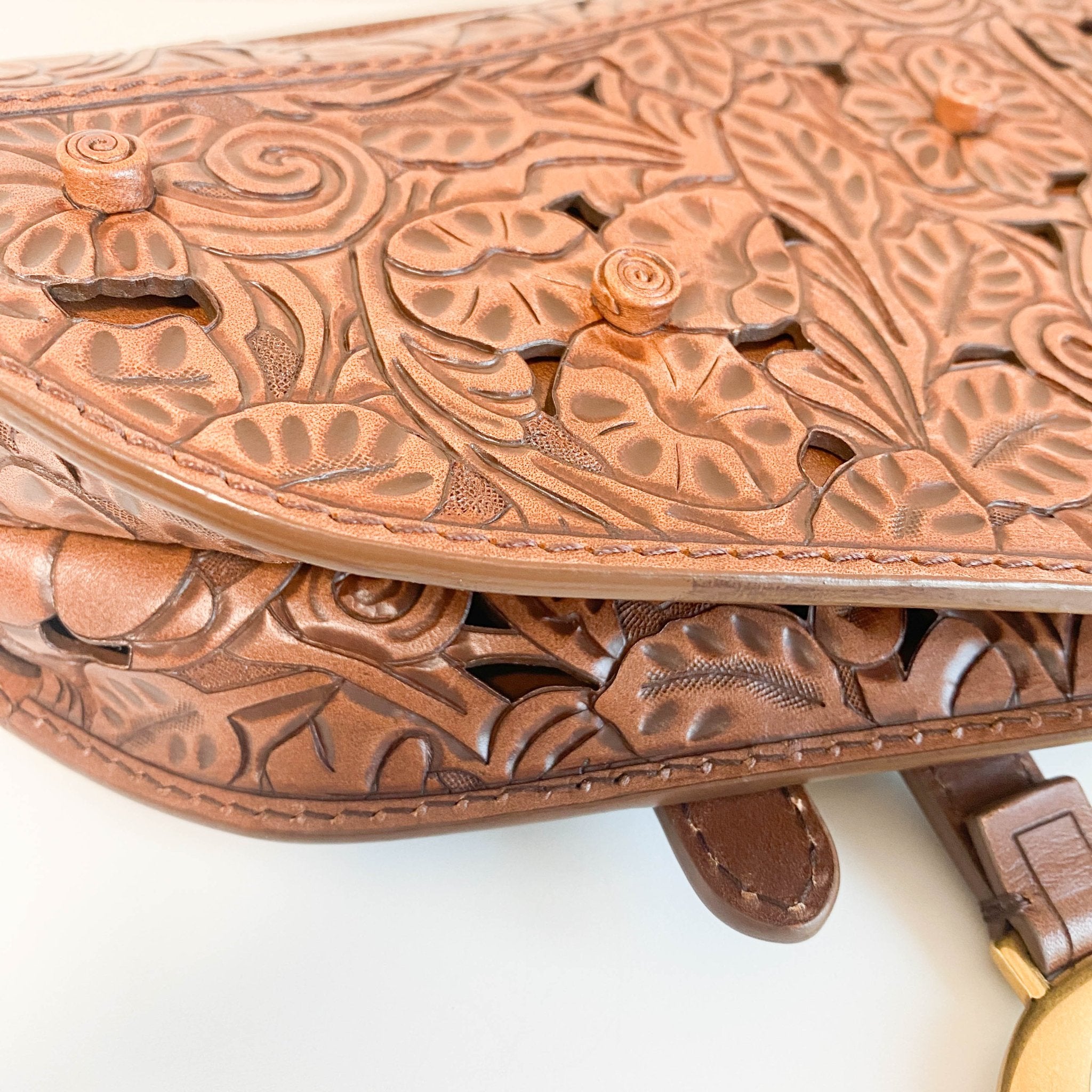 DIOR Laser Cut Floral Leather Saddle Bag Brown Shoulder Bag, in , Sold by HIVE PRELOVED - Shoulder Bags, ,