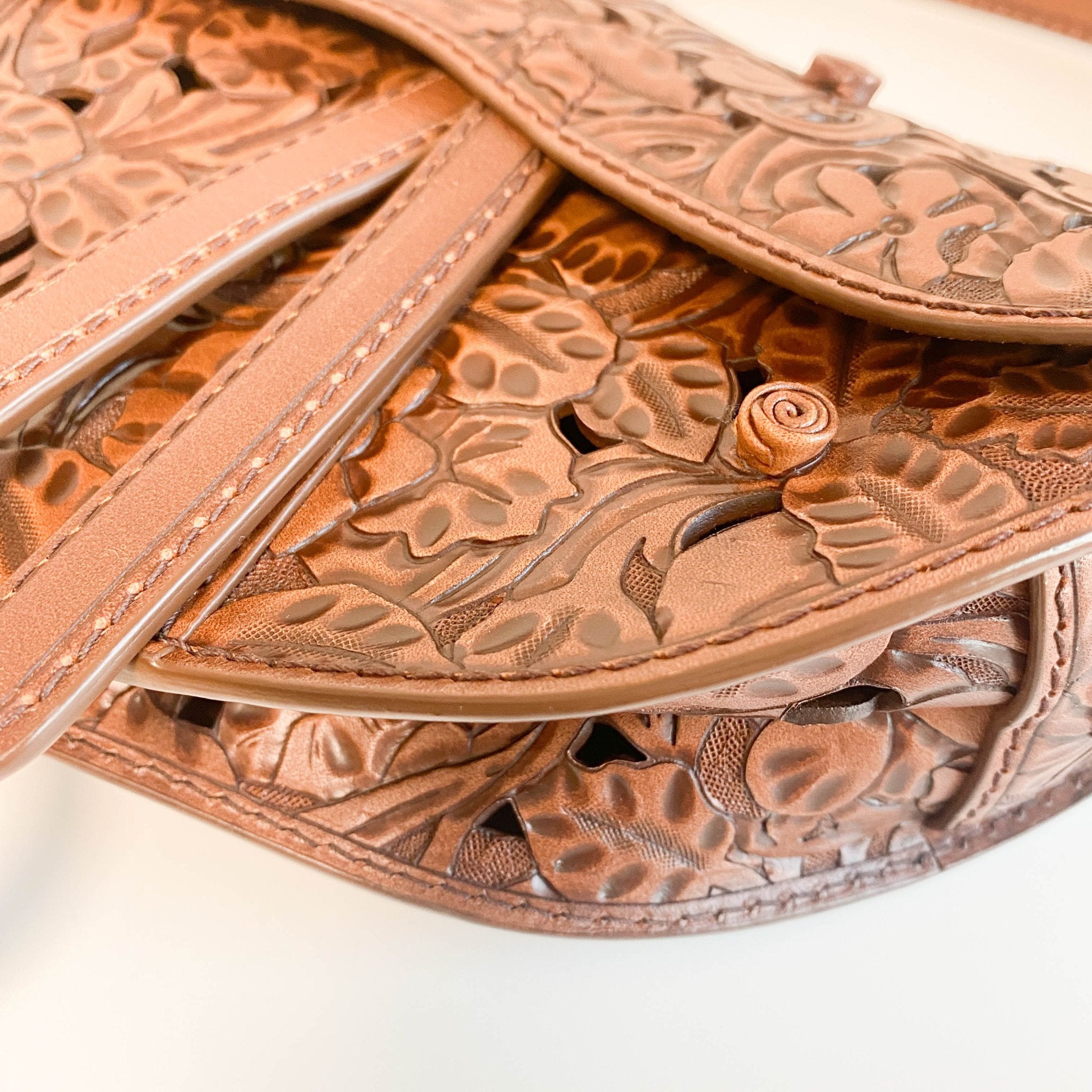 DIOR Laser Cut Floral Leather Saddle Bag Brown Shoulder Bag, in , Sold by HIVE PRELOVED - Shoulder Bags, ,