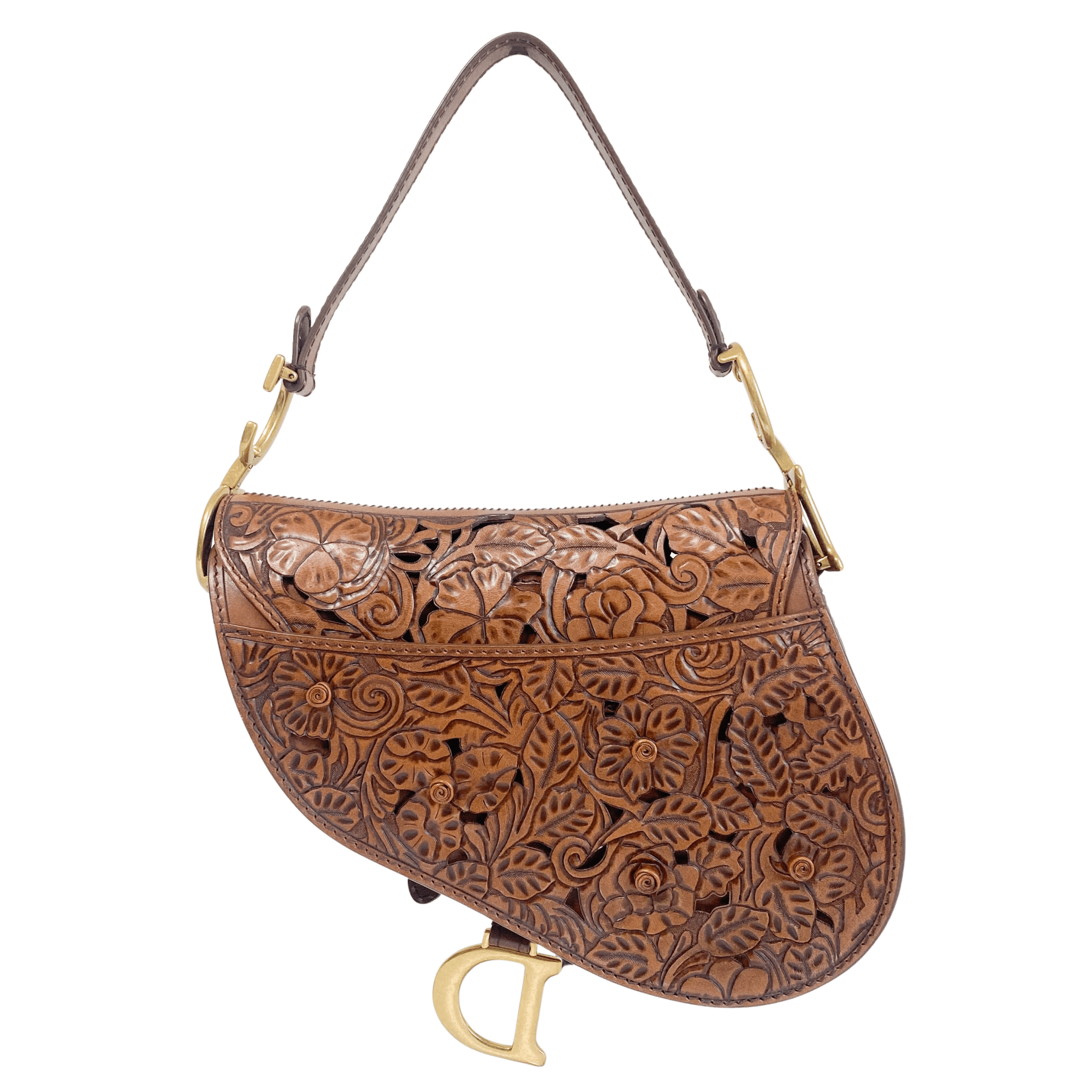 DIOR Laser Cut Floral Leather Saddle Bag Brown Shoulder Bag, in , Sold by HIVE PRELOVED - Shoulder Bags, ,
