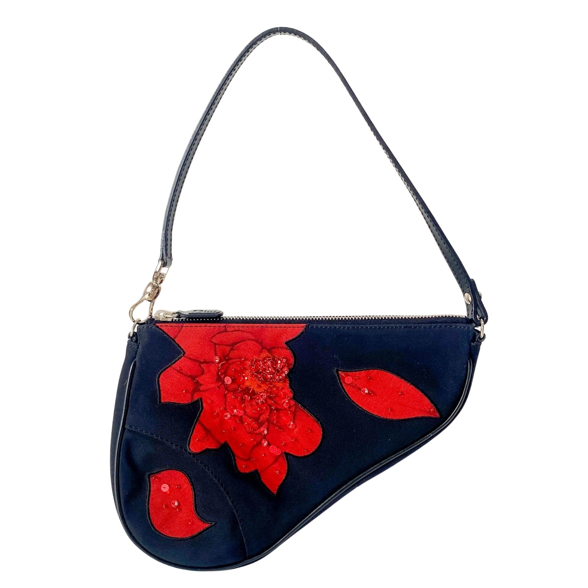 DIOR Mini Saddle Limited Edition Red Rose in Black Satin Shoulder Bag, in , Sold by HIVE PRELOVED - Handle Bags, Pouches, Shoulder Bags