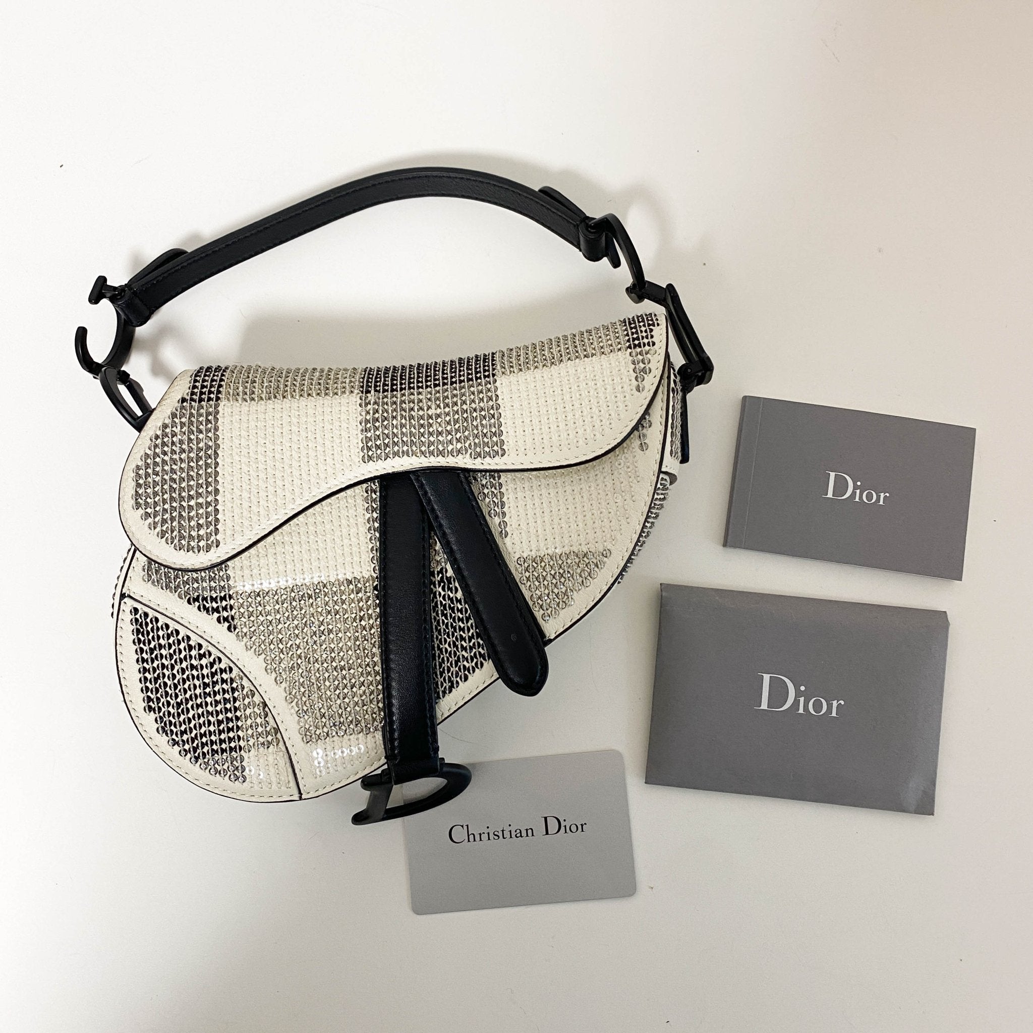 DIOR White and Black 2019 Sequin Embroidered Check Mini Saddle bag, in , Sold by HIVE PRELOVED - Shoulder Bags, ,