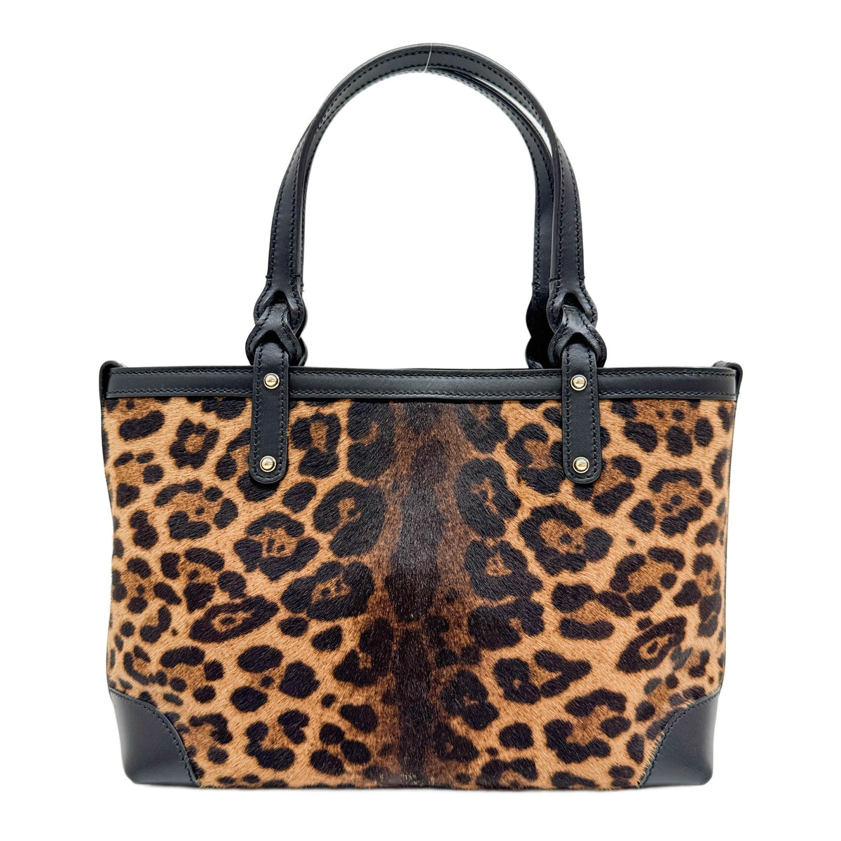 Black Leather Trim Brown Leopard Print Pony Hair Hand Bag