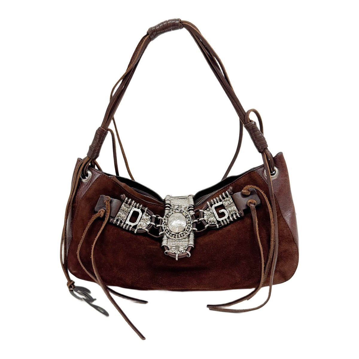 Brown Suede Shoulder Bag with Western Style Silver Hardware