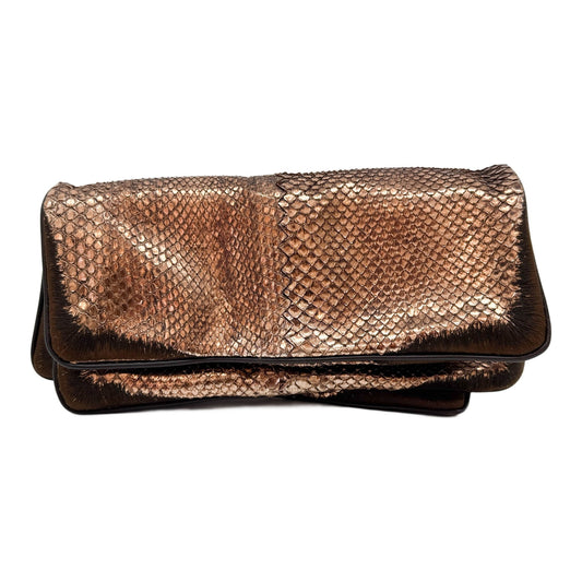 Fold Over Metallic Bronze Python Embossed Leather Clutch Bag