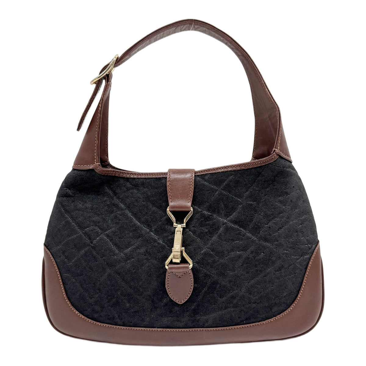 Vintage Rare Jackie Black Leather Shoulder Bag with Crest Lobster Clasp and Brown Leather Trim