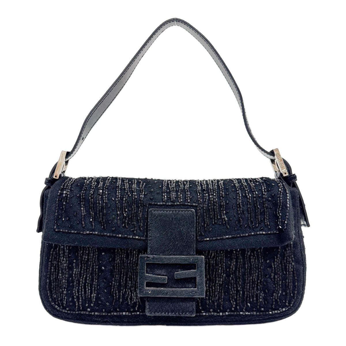 Baguette Pony Hair Trim Beaded Black Wool Shoulder Bag