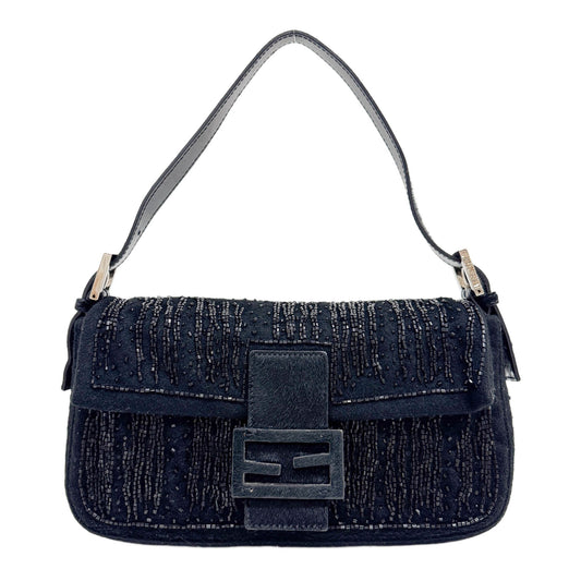 Baguette Pony Hair Trim Beaded Black Wool Shoulder Bag