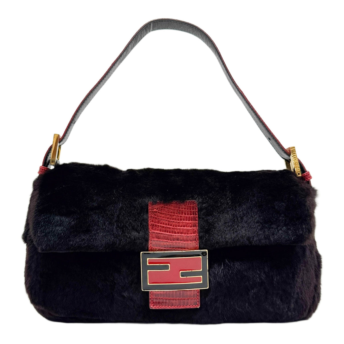 Baguette Brown Fur Red Lizard Detail Shoulder Bag