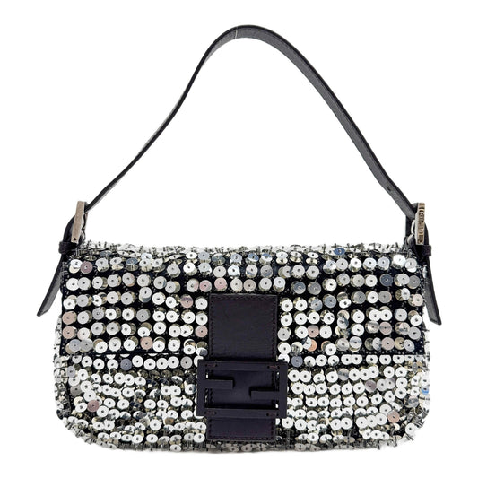 Baguette Silver Sequined Black Cotton Bag