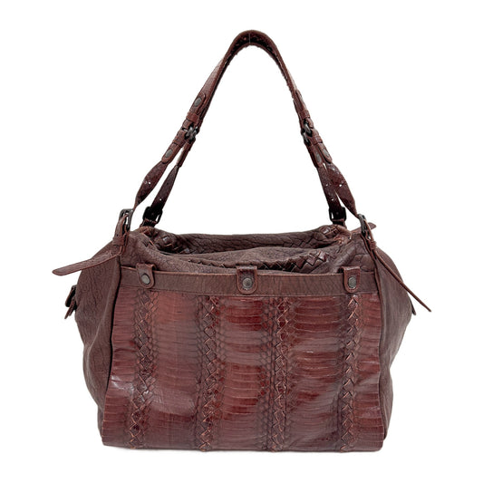 Resina Brown Lambskin and Cobra Embossed Leather Shoulder Bag