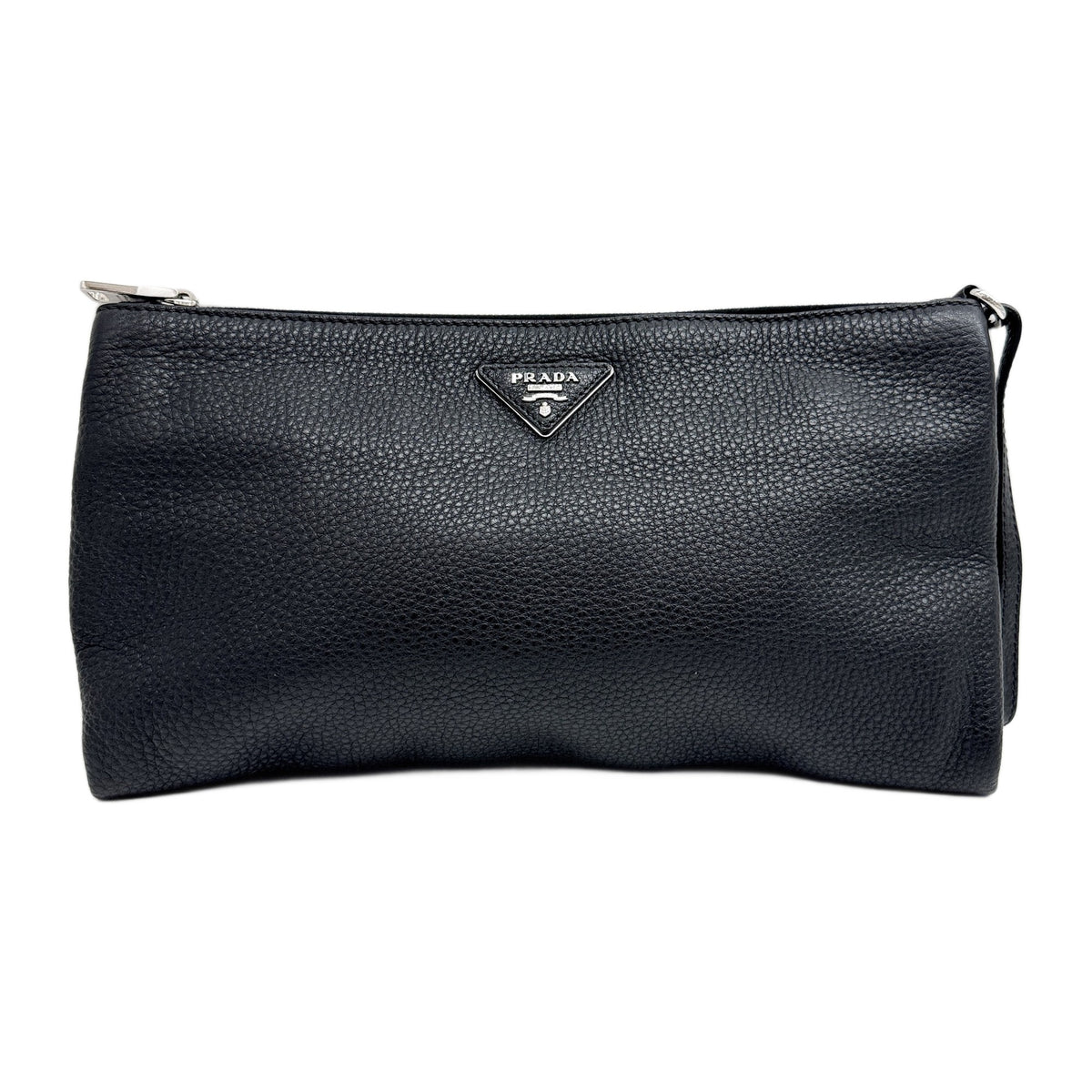 Black Pebbled Leather Wristlet Clutch Bag with Silver Hardware