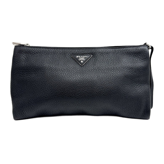 Black Pebbled Leather Wristlet Clutch Bag with Silver Hardware