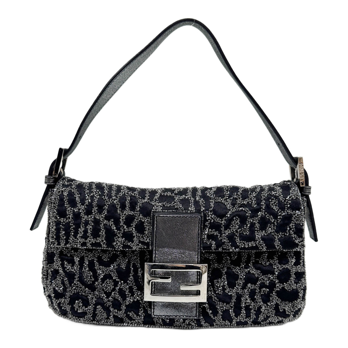 Baguette Grey Beaded Black Satin Shoulder Bag