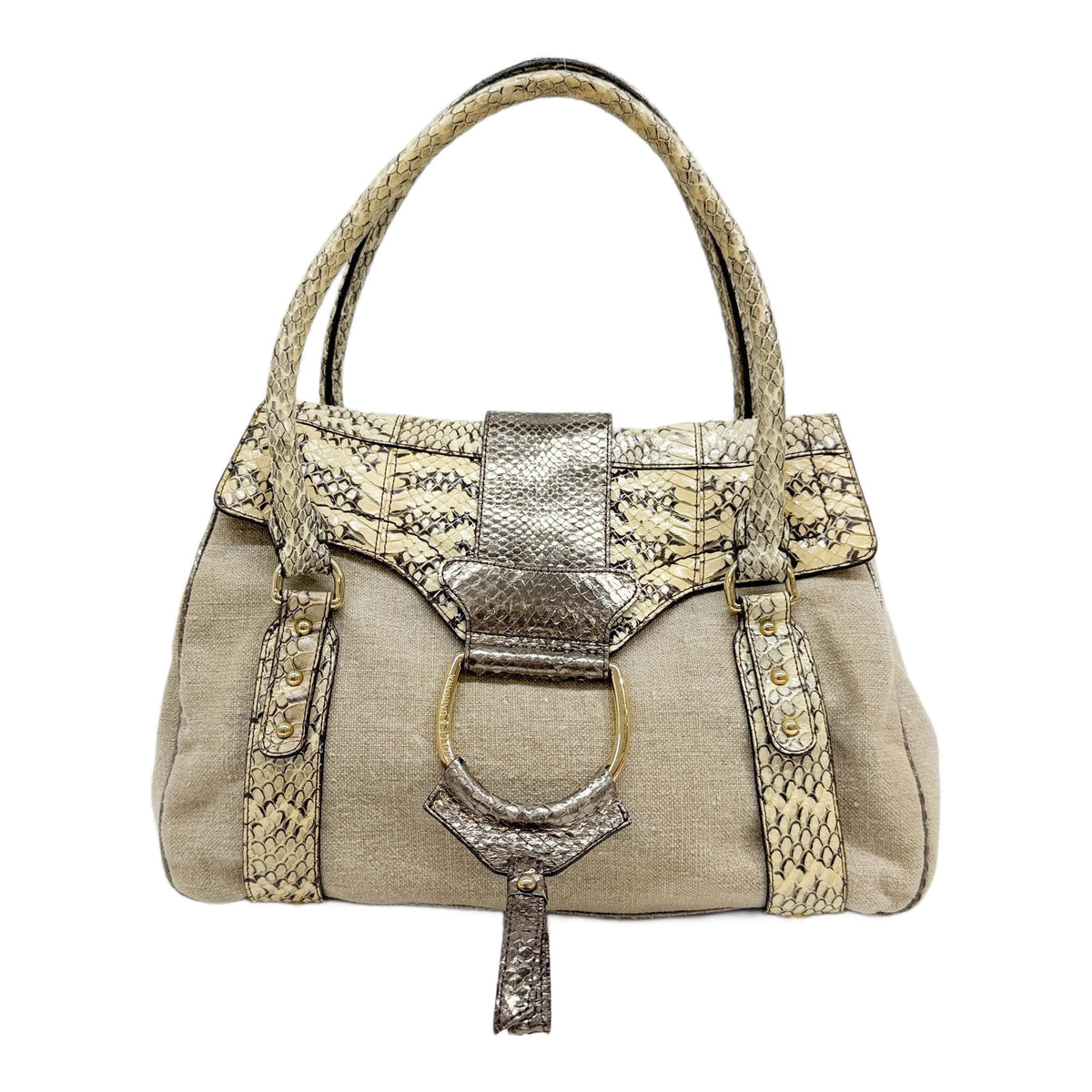 D-Ring Flap Top Handle Python Trim and Beige Canvas Shoulder Bag
