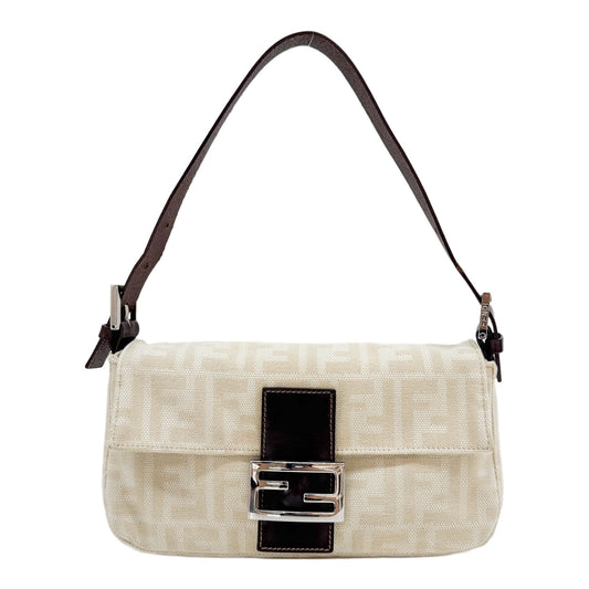 Baguette Cream Beige Zucca Canvas Shoulder Bag with Brown Leather Trim