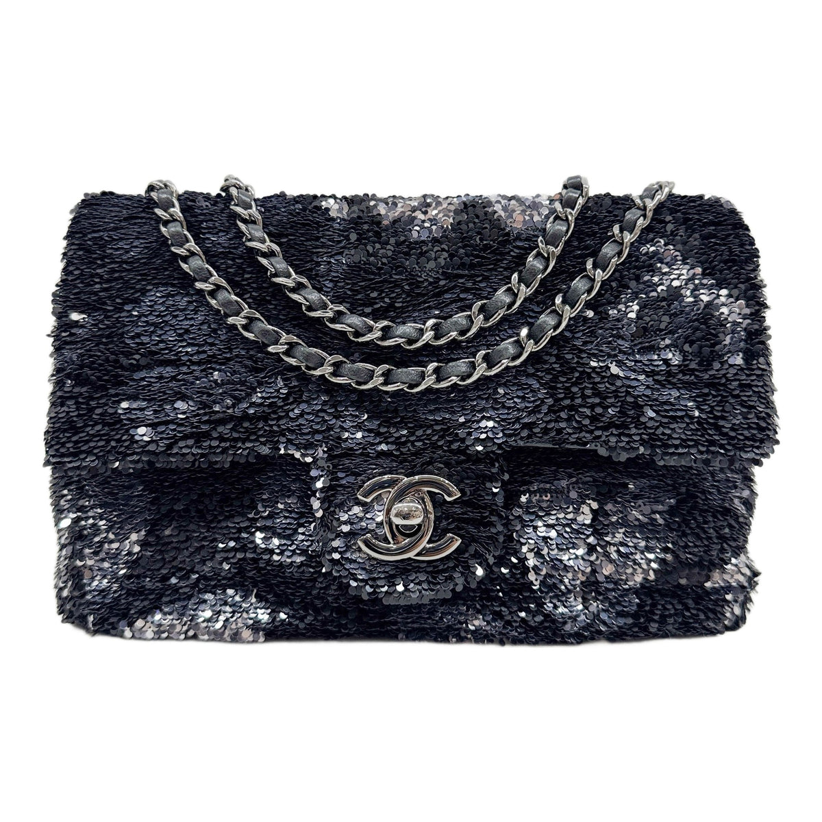 Rectangular Mini Classic Flap 2021-2026 Black and Silver Sequin Shoulder Bag
