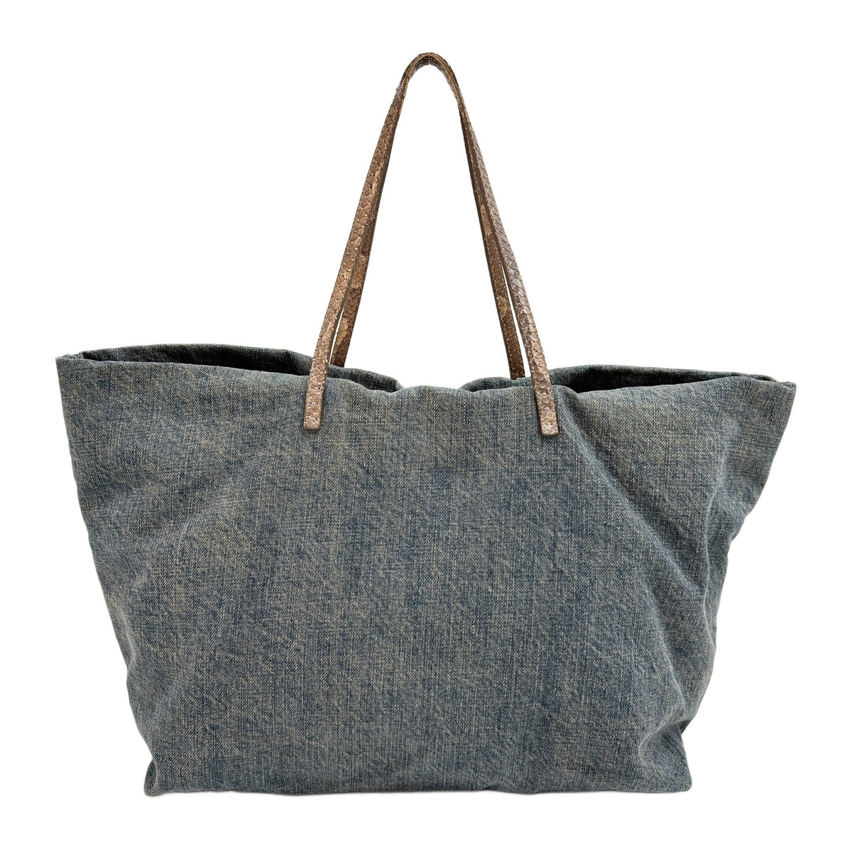 Blue Washed Denim Shopping Tote Bag with Python Handles
