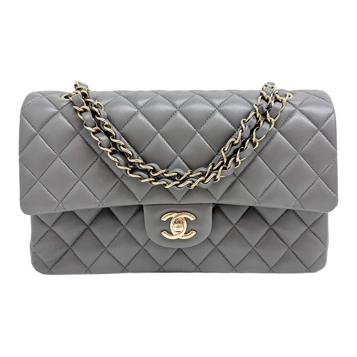 Medium Classic Double Flap 2021-2026 Matelasse Grey Leather Shoulder Bag