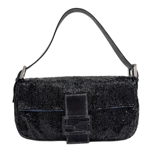 Baguette Black Beaded Shoulder Bag with Blue Satin Interior