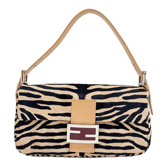 Baguette Light Brown Zebra Print Pony Hair Shoulder Bag with Leather Trim