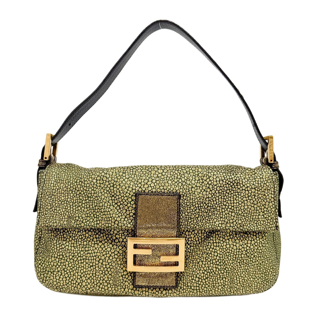 Baguette Metallic Gold Pebbled Canvas Shoulder Bag