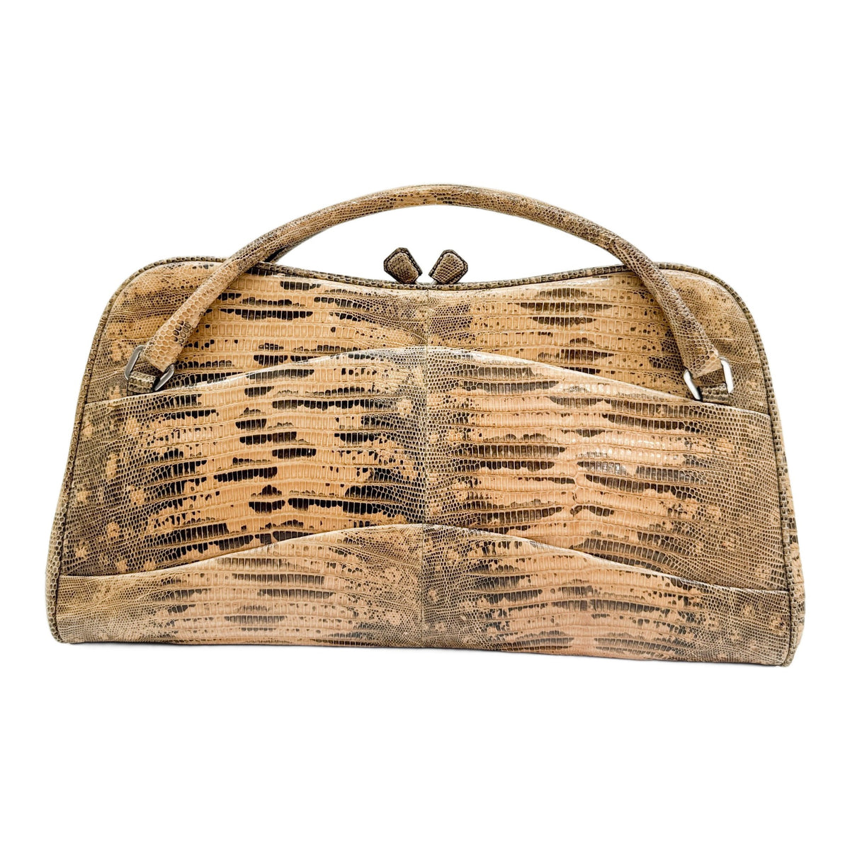 Kiss Lock Top Handle Beige Lizard Embossed Leather Frame Hand Bag