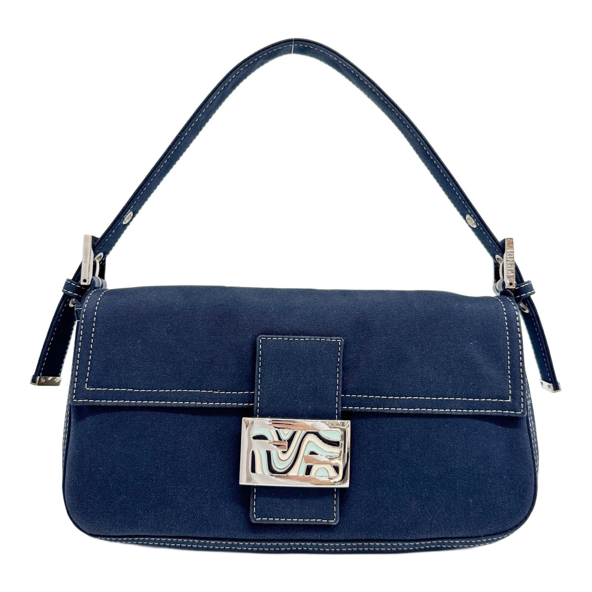 Baguette Navy Blue Canvas Shoulder Bag