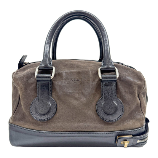 Small Boston Dark Brown Leather Hand Bag with Black Trim